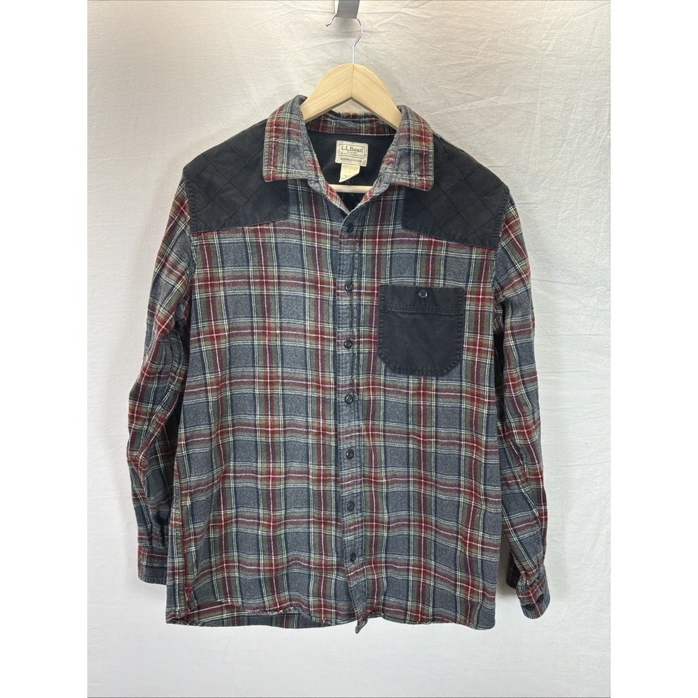 LL Bean Mens Heritage Plaid Flannel Shacket Shoulder Yoke Gray MT Tall